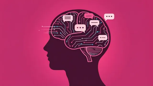 Kopf-Silhouette mit digitalem Gehirn und Sprechblasen auf pinkem Hintergrund.