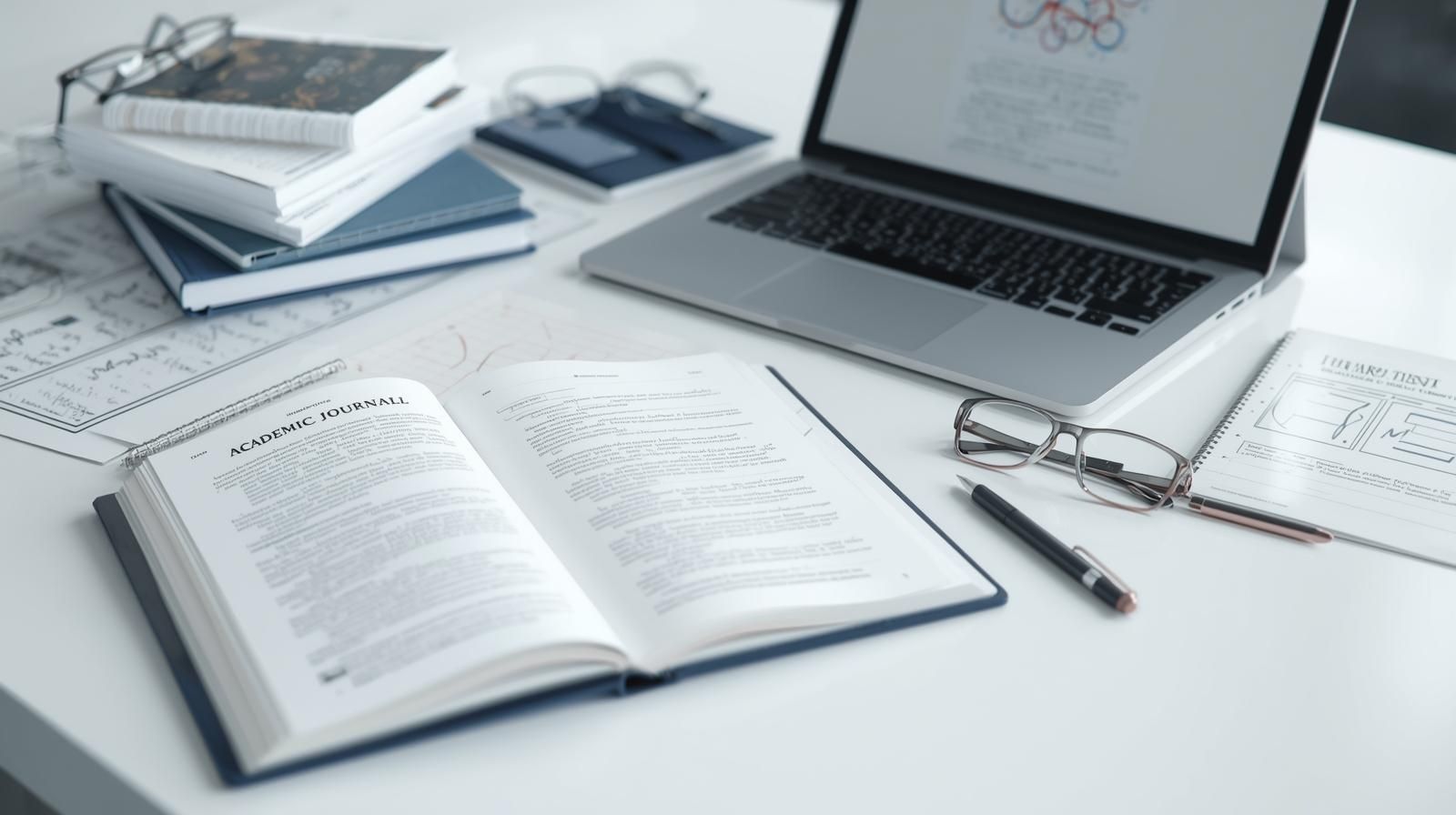 Ein moderner Schreibtisch mit einem Computer, einer aufgeschlagenen Fachzeitschrift, einer Brille und einem Kugelschreiber.