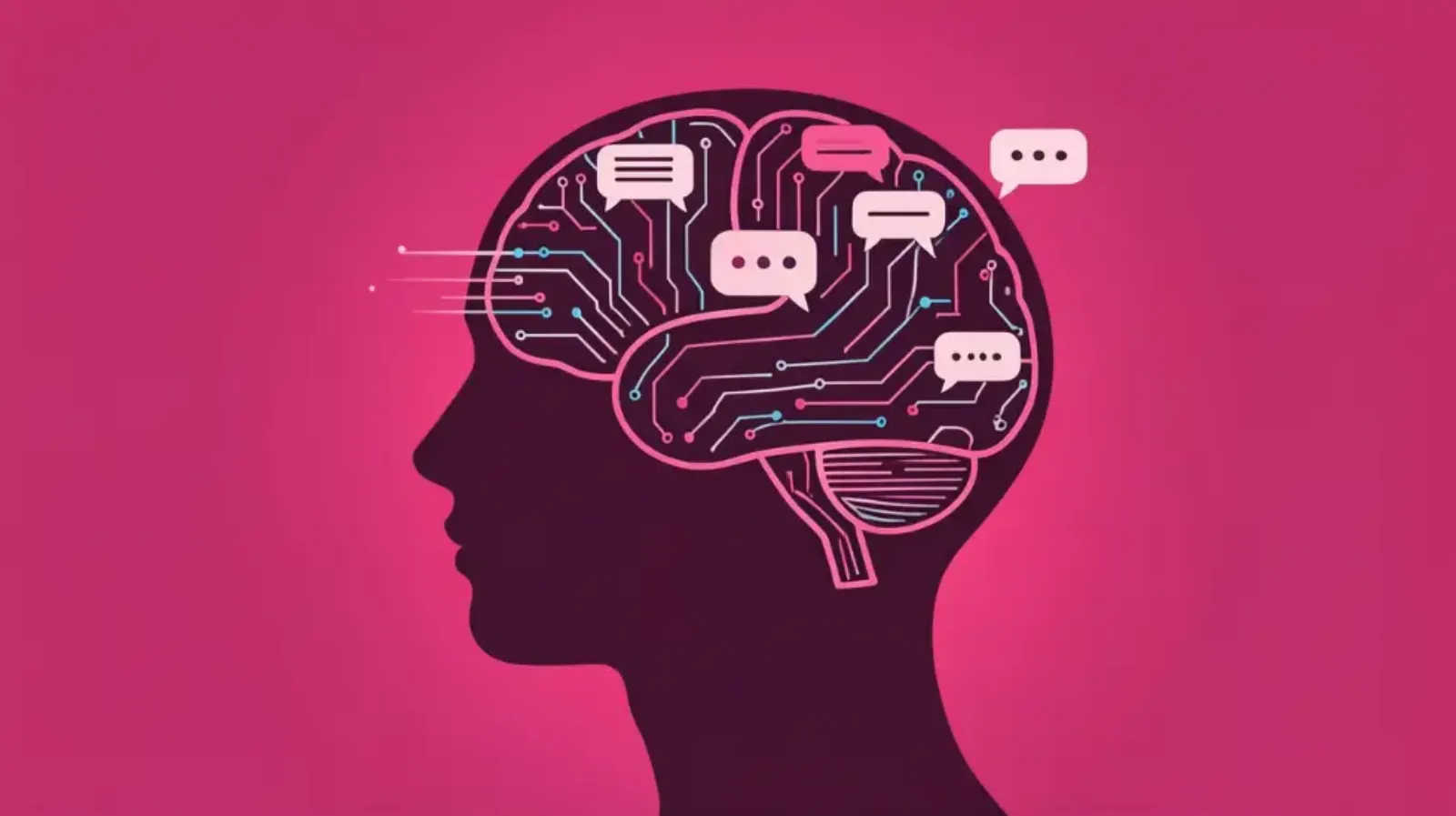 Kopf-Silhouette mit digitalem Gehirn und Sprechblasen auf pinkem Hintergrund.